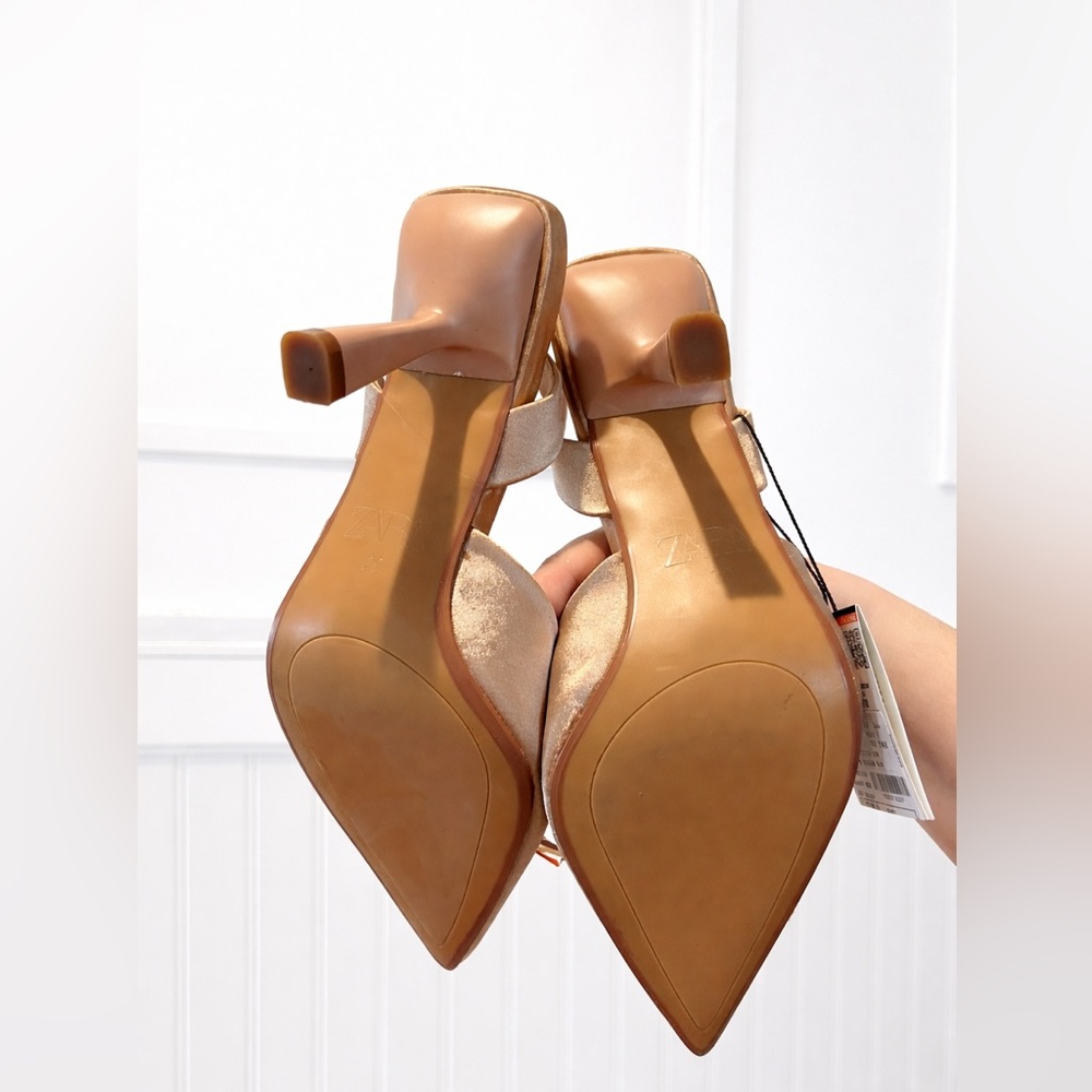 Zara Nude Crystal-Embellished Pointed Slingback 3” Heels - Picture 3 of 5